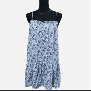 H&M Blue Floral Mini Dress With Ruffle Hem